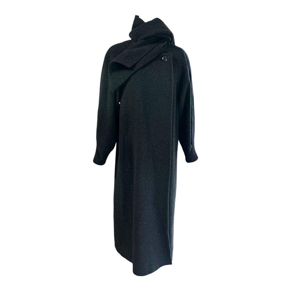 Dark Gray Jean Claude De Luca Paris Long Wool Coat Tie Collar Sz 10 West Germany